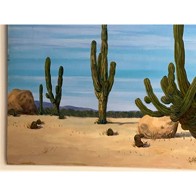 Large Desert Landscape Painting by Becrio, 1990 – Monumental Cactus Scene, 40” X 30” For Sale - Image 9 of 12