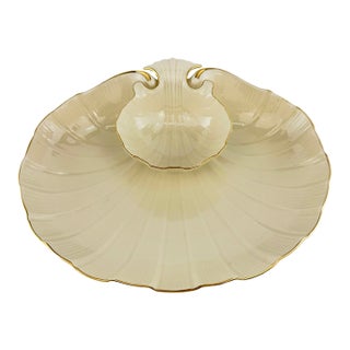 Vintage Lenox Ivory Porcelain Shell Serving Platter With Gold Trim and Dip Bowl For Sale