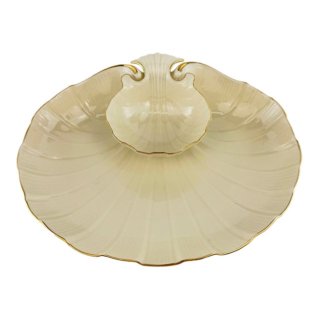 Vintage Lenox Ivory Porcelain Shell Serving Platter With Gold Trim and Dip Bowl For Sale