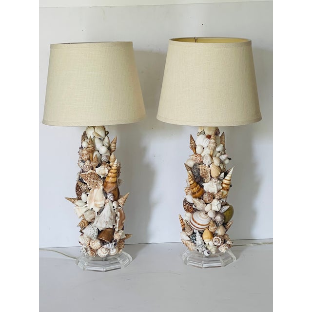 Fabulous pair of richly encrusted with preselected sea shells table Lamos on lucite bases.