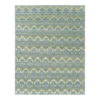 Rug & Kilim’s Custom Block Print Rug Design with Blue and Green Floral Pattern - 9x12 For Sale