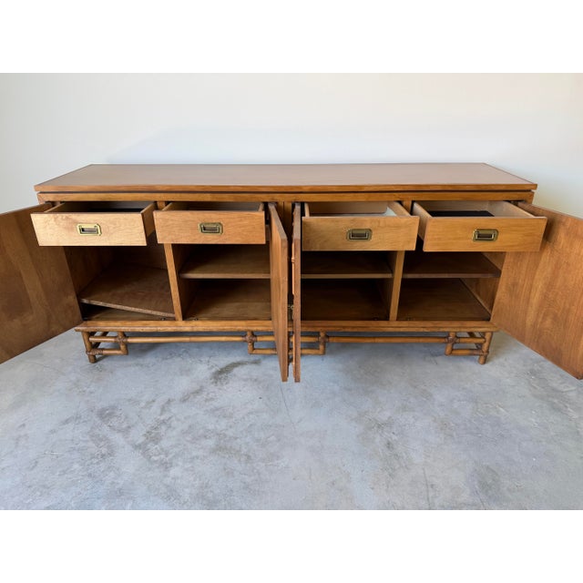 Wood Vintage Ficks Reed Palm Beach Faux Bamboo Wood Sideboard With Brass Pulls For Sale - Image 7 of 12
