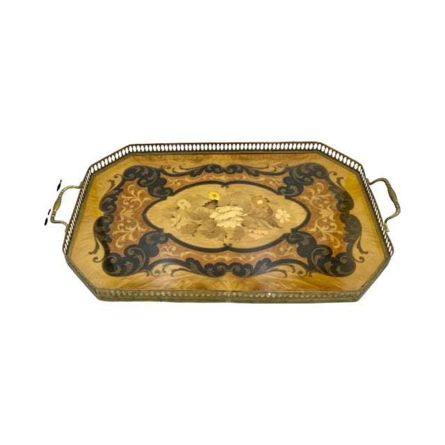 Details: -Marquetry wood tray with brass gallery and handles -Marquetry is interchanged with inlaid -Tray features a...