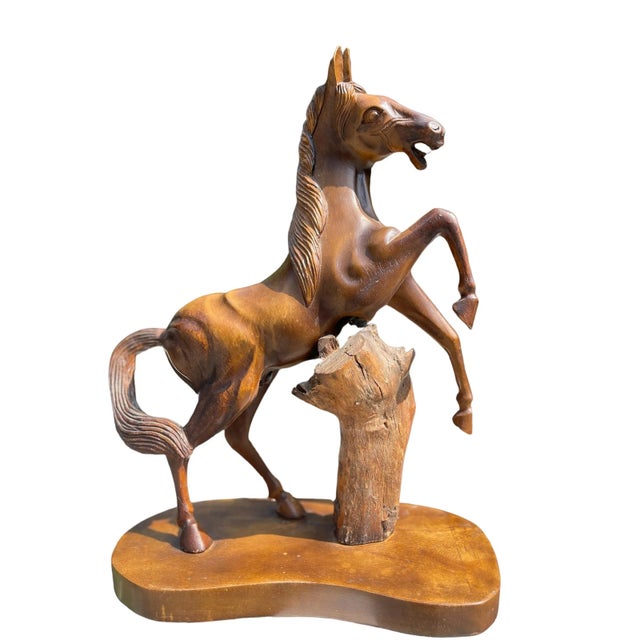 Wood Vintage Hand-Carved Mahogany Rearing Horse Statue For Sale - Image 7 of 7