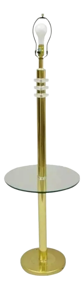 Vintage Mid-Century Modern Lucite Brass Glass Pole Floor Lamp Side Table