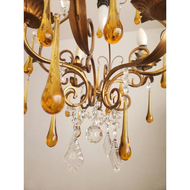 Floral Five-Light Gilded Ceiling Lamp with Crystals and Murano Glass Crystal Drops, 1960s For Sale - Image 16 of 18