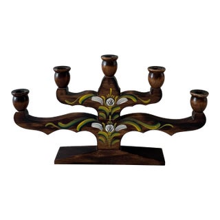 Vintage Swedish Wood Hand Painted 5 Arm Candelabra For Sale