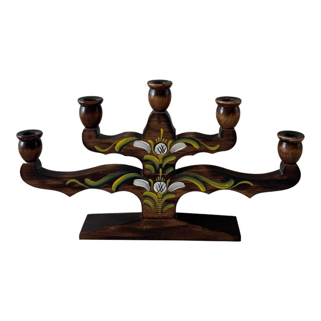 Vintage Swedish Wood Hand Painted 5 Arm Candelabra For Sale