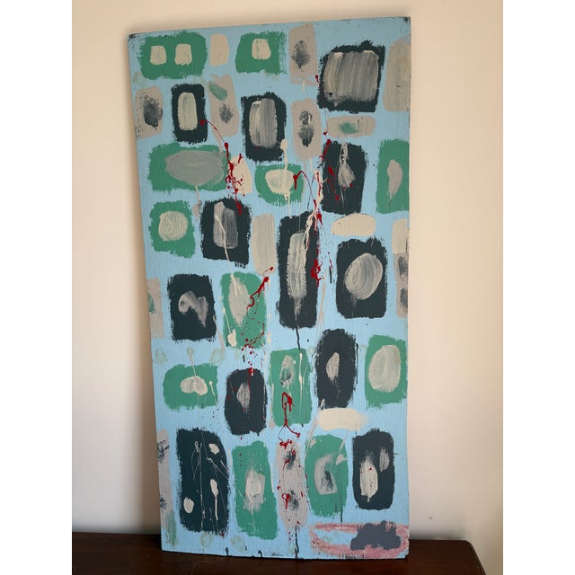Large original painting on board 48x24 in beachie colors with an abstract Geometric feel blue /turquoise color Signed and...