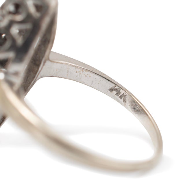 Metal Antique Edwardian 14k White Gold 1.01ctw Diamond Elongated Navette Cocktail Ring, Size 5.75 For Sale - Image 7 of 8