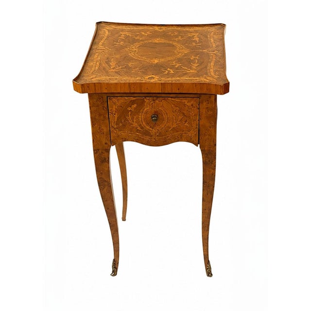 Rare French Marquetry Writing Tables With Leather Pull Out Slides - A Pair For Sale In Dallas - Image 6 of 8