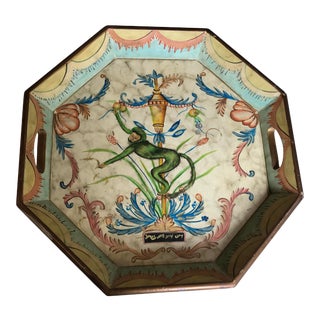 Vintage 1980s Monkey Wood Tray Tole Hand Painted Flowers Swags 18” Octagon For Sale