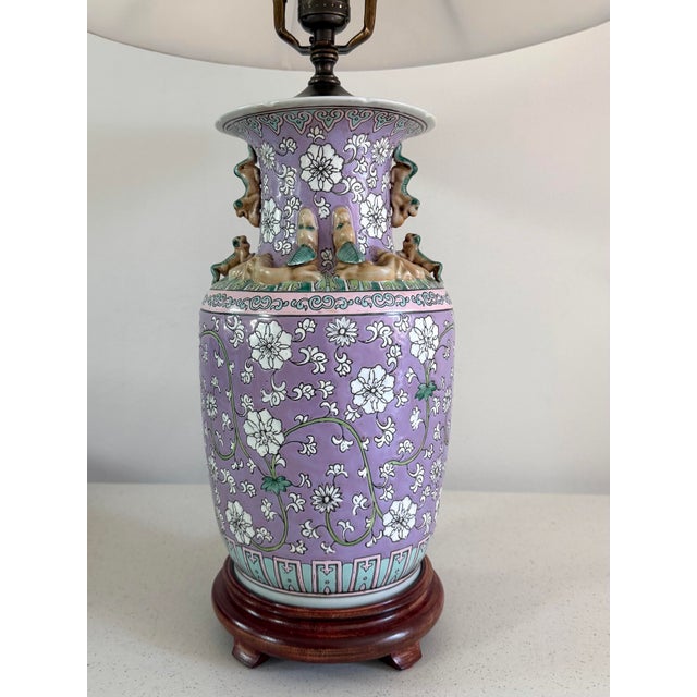 Vintage Chinese Porcelain Floral Lamp With Dragon Relief For Sale - Image 4 of 12
