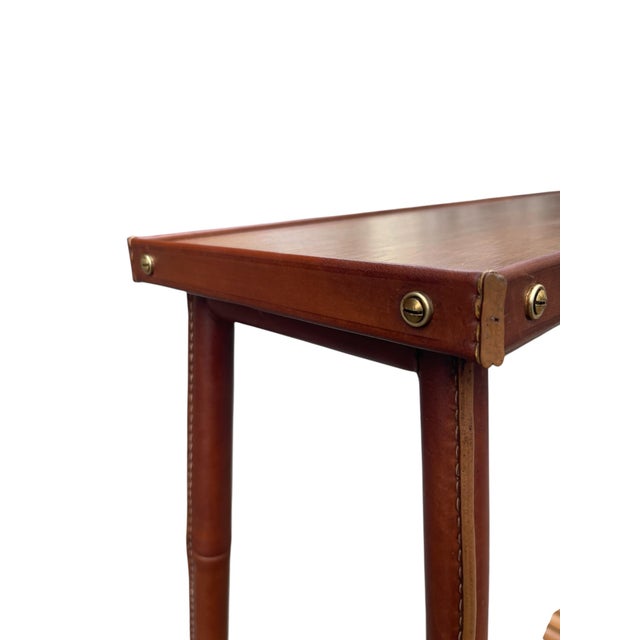 Wood Vintage Stitched Leather and Oak Shelf by Jacques Adnet, 1950s For Sale - Image 7 of 15