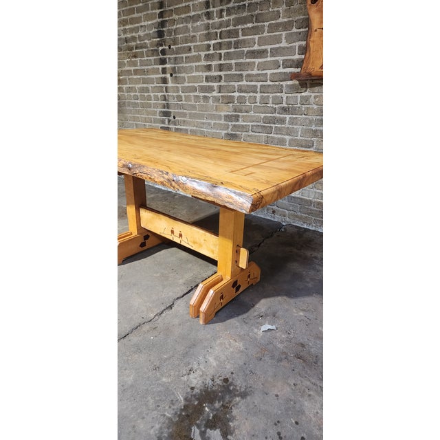 Traditional Handcrafted Spalted Maple Trestle Table With Inlaid Bird Motif For Sale - Image 3 of 8