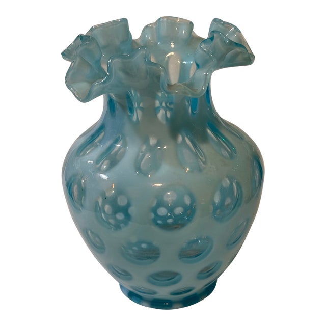 1940s Fenton Blue Opalescent Coin Dot Vase 8.5” For Sale