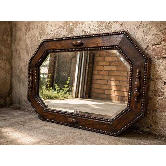 Antique Edwardian Octagonal Dark Oak Wall Mirror with Spindle Detail, 1910 For Sale - Image 3 of 6