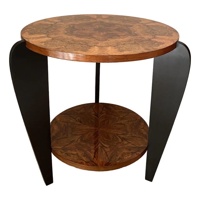 French Art Deco Two-Tiered Gueridon Table Amboyna Wood & Black Lacquer For Sale