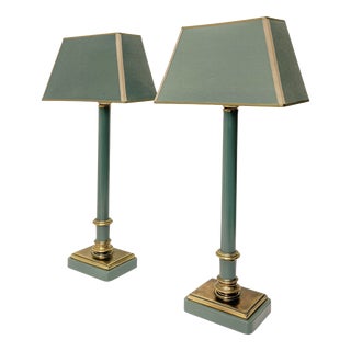 Brass and Green-Painted Metal Table Lamps by Kullmann, 1970, Set of 2 For Sale