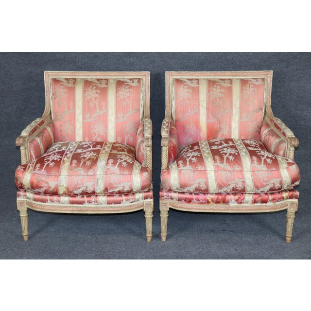 French Exceptional Pair French Louis XVI Style Maison Jansen Attributed Bergere Chairs For Sale - Image 3 of 14