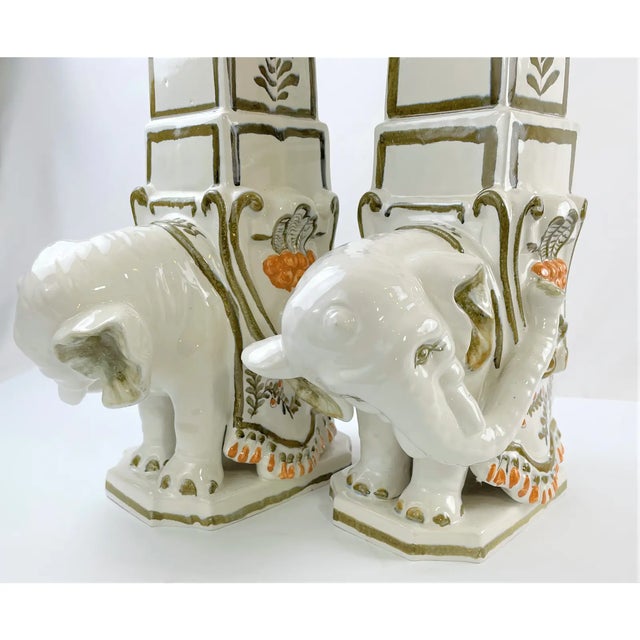 Off-white Mid 20th Century Italian Majolica Elephant Obelisks by Meiselman Imports - A Pair For Sale - Image 8 of 13