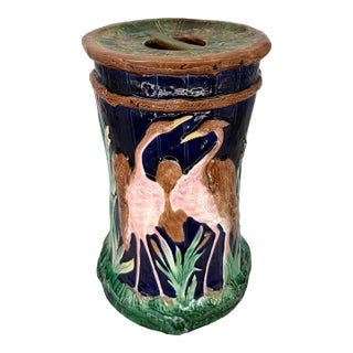 A Fielding Majolica Garden Seat With Cranes on Cobalt Blue, English, Ca. 1880 For Sale