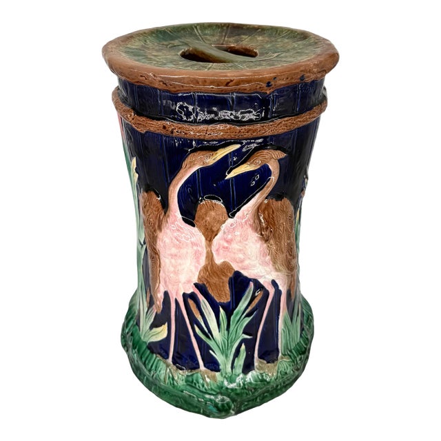 A Fielding Majolica Garden Seat With Cranes on Cobalt Blue, English, Ca. 1880 For Sale