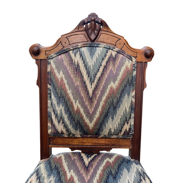 19th Century Eastlake Walnut Hall Chairs With Bargello Upholstery, Set of 2 For Sale - Image 14 of 15