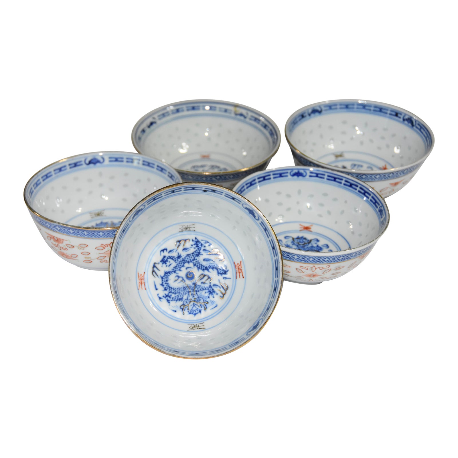 Chinese Porcelain Rice Wear Dragon Gold Gilded Rim Rice Bowls Set of