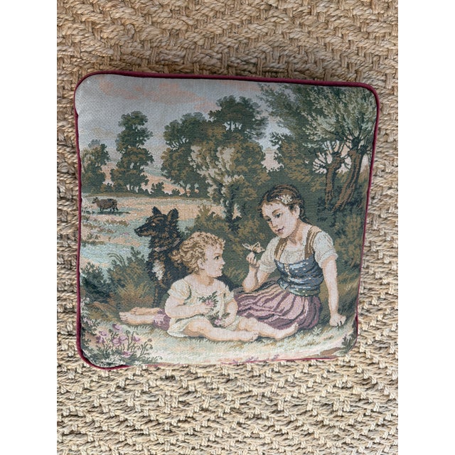 French Provincial Vintage French Bucolic Tapestry Pillow With Young Woman, Small Child, and a Dog For Sale - Image 3 of 11