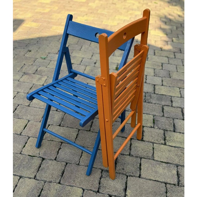 Wood Set of Vintage Painted Blue and Orange Chairs For Sale - Image 7 of 8