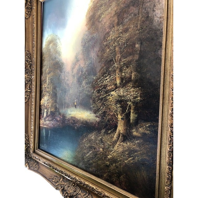 Vintage Signed Romantic Landscape Oil Painting in Ornate Gilt Frame For Sale - Image 9 of 11