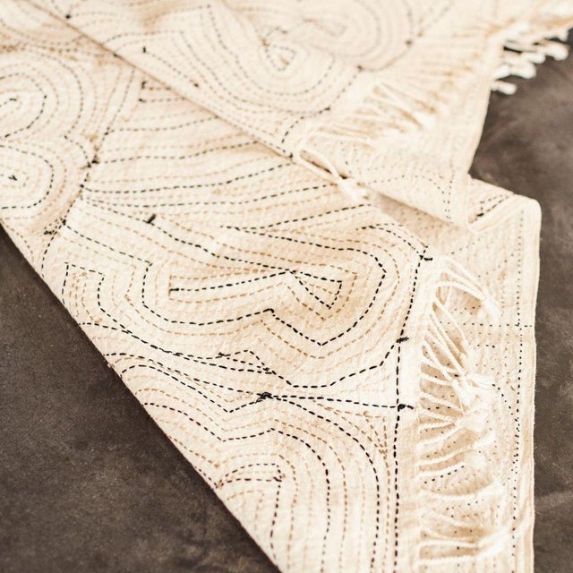 White Hand Embroidered Katha Bedspread With Minimal All Over Pattern For Sale - Image 4 of 12