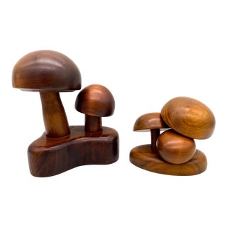 1970's Solid Carved Wood Mushrooms Signed by Artist- a Set of 2 For Sale