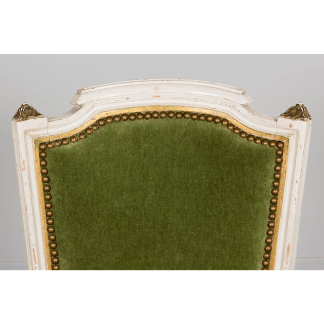 Early 20th Century Antique French Louis XVI Style Painted Accent Chair in Moss Green Mohair For Sale - Image 5 of 18