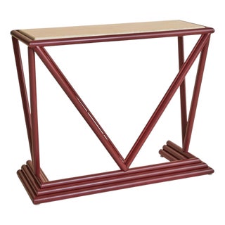 Italian Red Lacquered Wood + Travertine Console, 1970s For Sale