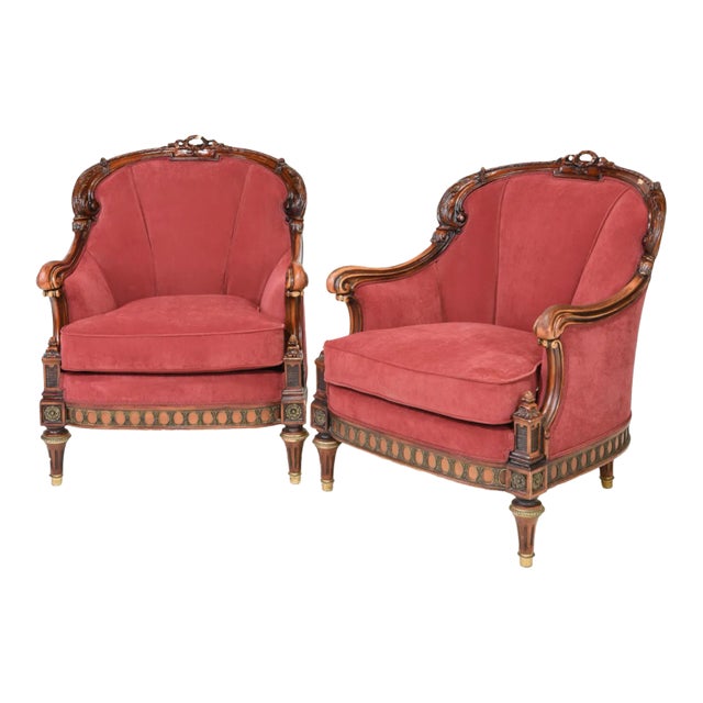French Louis XVI Style Bergere Arm Chairs With Ormolu Accents - a Pair For Sale