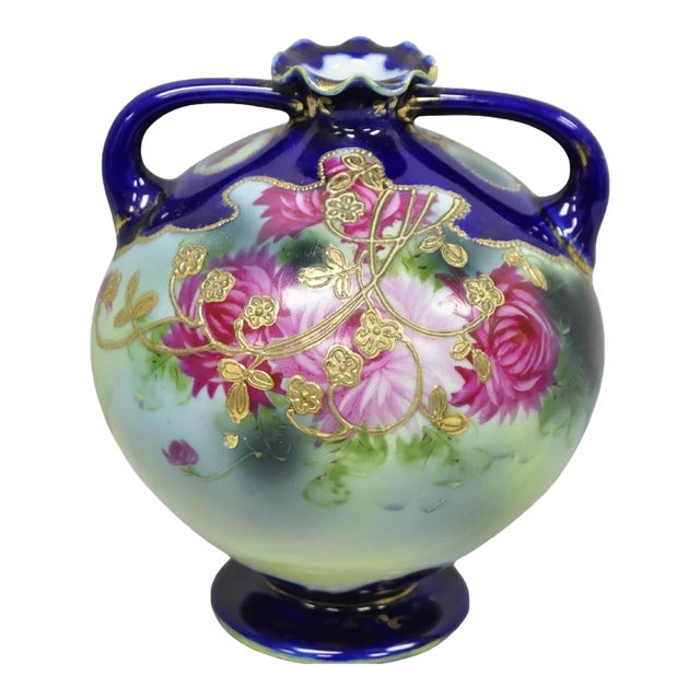 Vintage Victorian Blue Hand Painted Porcelain Floral Twin Handled Bulbous Vase For Sale