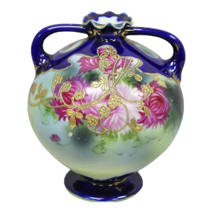 Vintage Victorian Blue Hand Painted Porcelain Floral Twin Handled Bulbous Vase