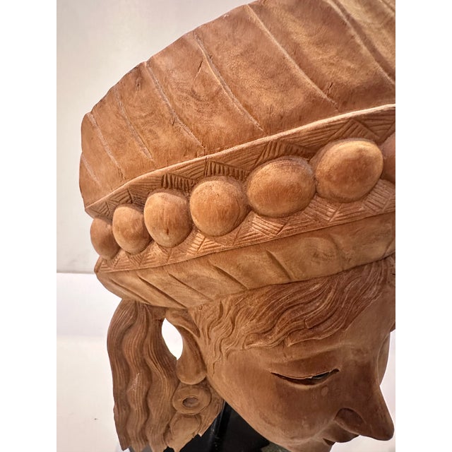Carved Wood Figural Head With Headdress on Stand For Sale - Image 4 of 10