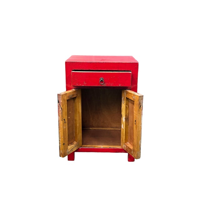 Distressed Rustic Rough Bright Red Drawer Small End Table Nightstand For Sale - Image 4 of 7