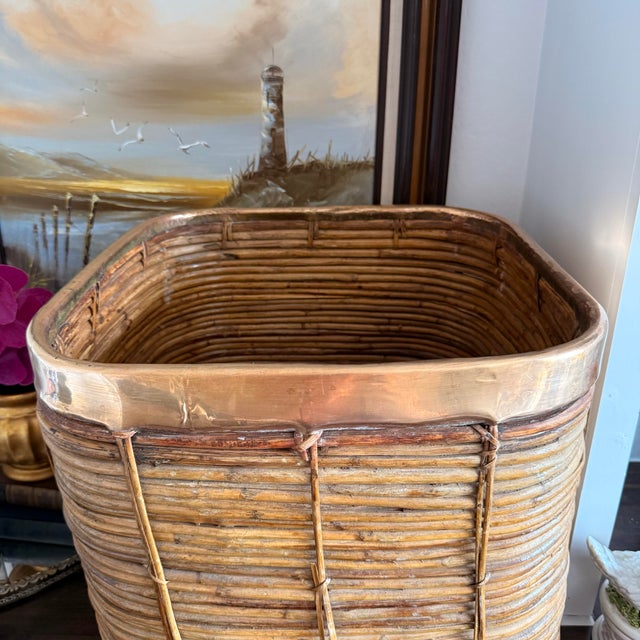Gabriella Crespi Oversized Gabriella Crespi Style Brass Trim Rattan Storage Basket For Sale - Image 4 of 9