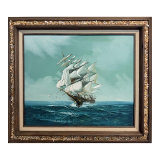 Late 20th Century Listed Artist Hewett Jackson Original Oil Painting | Tall Ship Seascape | Framed For Sale