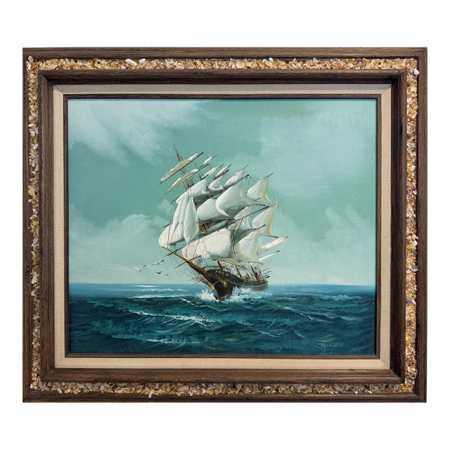 Late 20th Century Listed Artist Hewett Jackson Original Oil Painting | Tall Ship Seascape | Framed For Sale