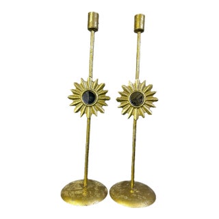 Vintage Hollywood Regency Gilt Metal Sunburst Mirror Candlesticks, Pair For Sale
