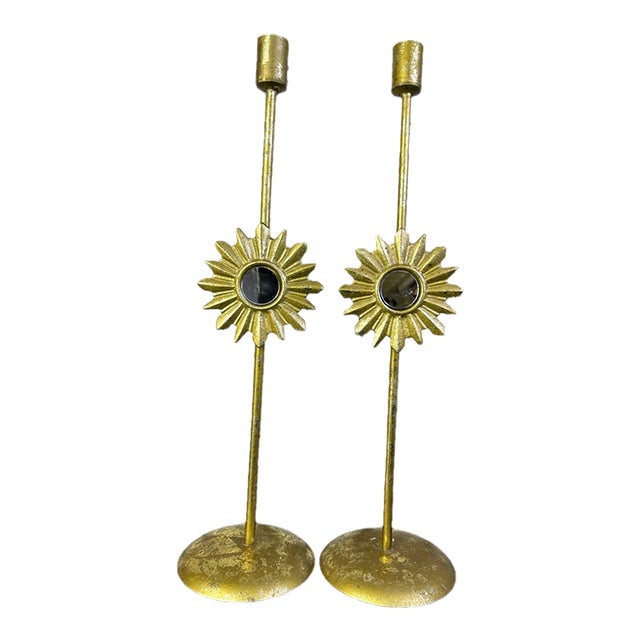Vintage Hollywood Regency Gilt Metal Sunburst Mirror Candlesticks, Pair For Sale