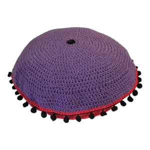 Handmade Round Red and Purple Crochet Pillow With Tassels