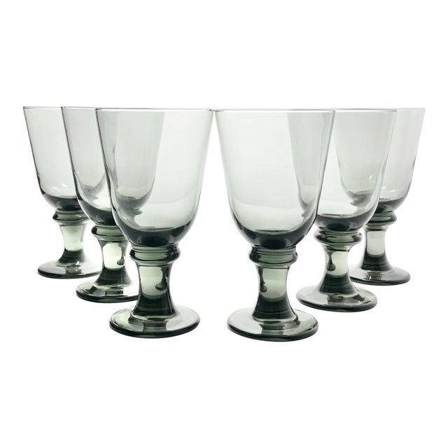 Libbey “Flare (Smokey Gray), Nova Black” Set of 6 Water or Wine Glasses For Sale