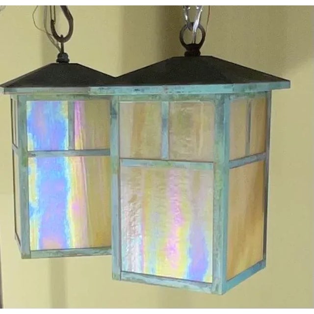 Arts & Crafts Arts & Crafts Brass Lantern Pendant Light With Art Glass For Sale - Image 3 of 12