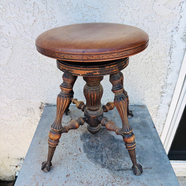 Early 20th Century Early 1900s Oak Wood Piano Stool With Glass Ball Claw Feet For Sale - Image 5 of 18